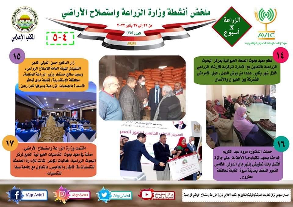 بالانفوجراف"الزراعة في أسبوع" نشرة الحصاد رقم ٧٥ لأنشطة الوزارة في الفترة من ٢١ إلى ٢٧ يناير الجاري