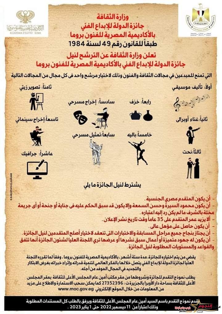 الثقافة تعلن مواعيد غلق باب الترشح لنيل جوائز الدولة والمبدع الصغير ومعرض الكتاب والإبداع الفني 2 الثقافة تعلن مواعيد غلق باب الترشح لنيل جوائز الدولة والمبدع الصغير ومعرض الكتاب والإبداع الفني