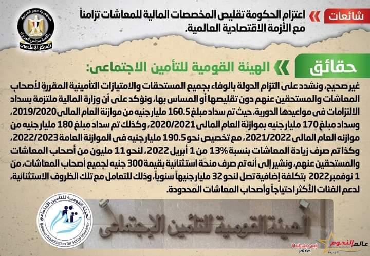 شائعة: اعتزام الحكومة تقليص المخصصات المالية للمعاشات تزامناً مع الأزمة الاقتصادية العالمية