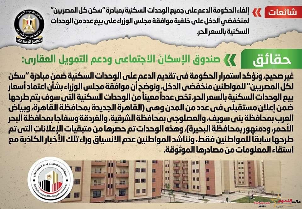 الحكومة تنفي إلغاء الحكومة الدعم على جميع الوحدات السكنية بمبادرة "سكن كل المصريين" لمنخفضي الدخل