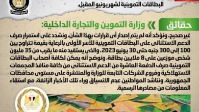 شائعة: إصدار قرار بإلغاء صرف الدعم الاستثنائي المقرر على البطاقات التموينية لشهر يونيو المقبل