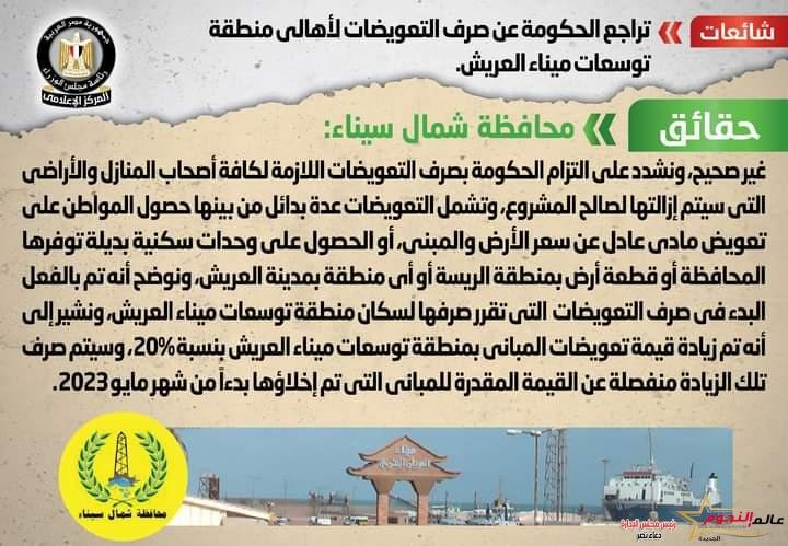 شائعة: تراجع الحكومة عن صرف التعويضات لأهالي منطقة توسعات ميناء العريش