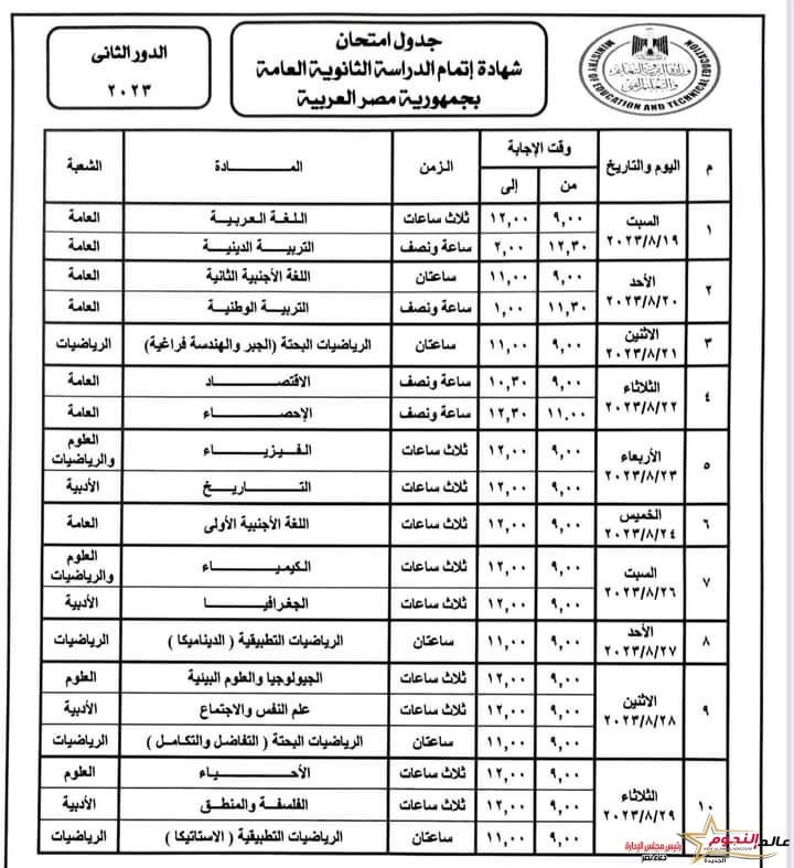 وزير التربية والتعليم يعتمد جدول امتحانات الدور الثاني لامتحانات الثانوية العامة ٢٠٢٢ / ٢٠٢٣