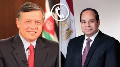 السيسي يتلقي اتصالاً هاتفياً من الملك عبدالله الثاني بن الحسين ملك المملكة الأردنية الهاشمية