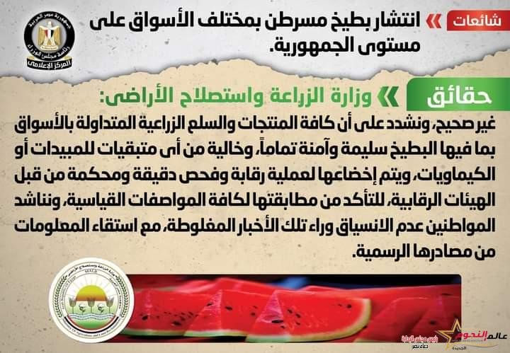 شائعة : انتشار بطيخ مسرطن بمختلف الأسواق على مستوى الجمهورية