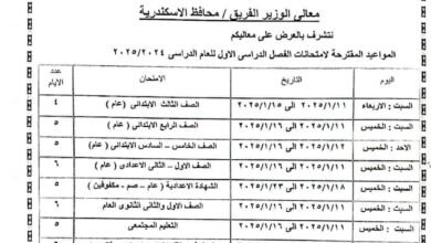 محافظ الإسكندرية يعتمد مواعيد امتحانات الفصل الدراسي الأول للعام الدراسي (2024/2025) بمختلف المراحل التعليمية