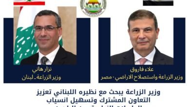 وزير الزراعة يبحث مع نظيره اللبناني تعزيز التعاون المشترك وتسهيل انسياب الحاصلات الزراعية بين البلدين