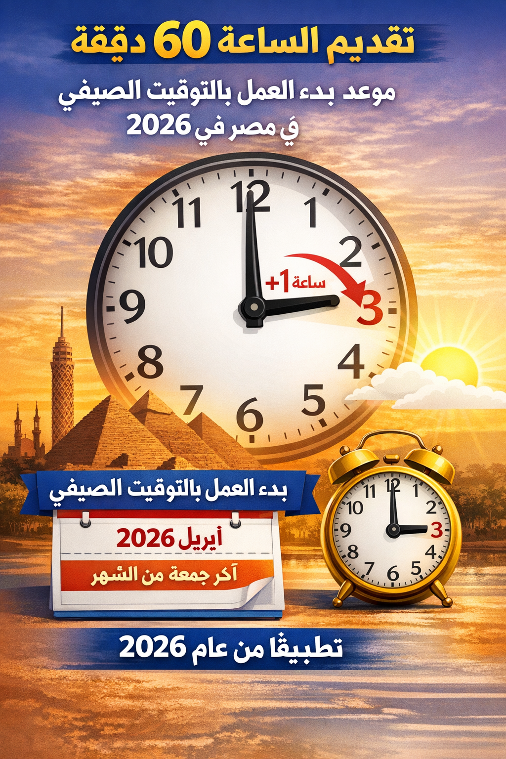 بدء العمل بالتوقيت الصيفي في مصر 2026.. تقديم الساعة 60 دقيقة 3 بدء العمل بالتوقيت الصيفي في مصر 2026.. تقديم الساعة 60 دقيقة