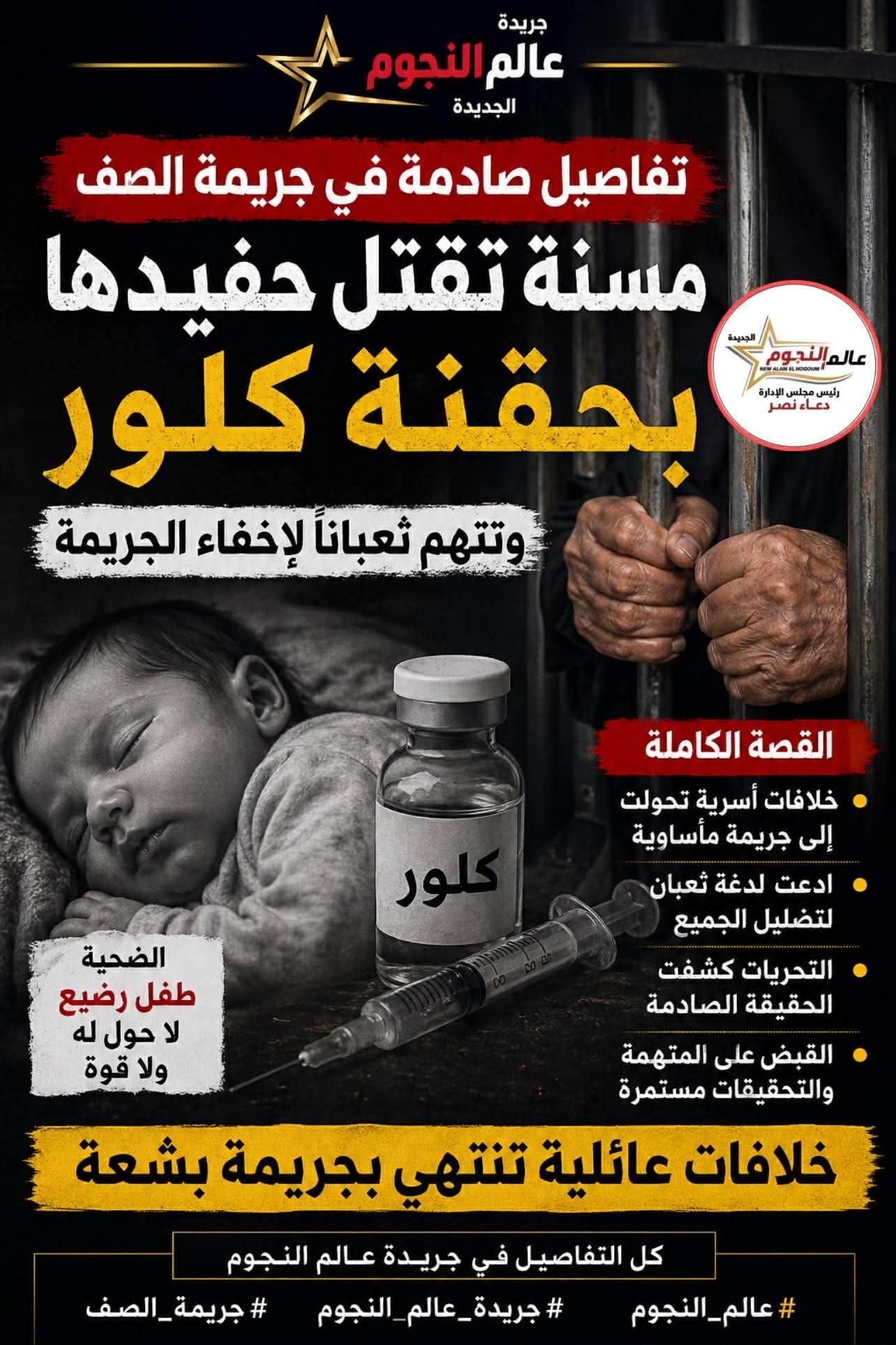 جريمة الصف تهز الجيزة.. جريمة الصف تكشف سيدة تقتل حفيدها بحقن الكلور وتُدخل شقيقته العناية المركزة