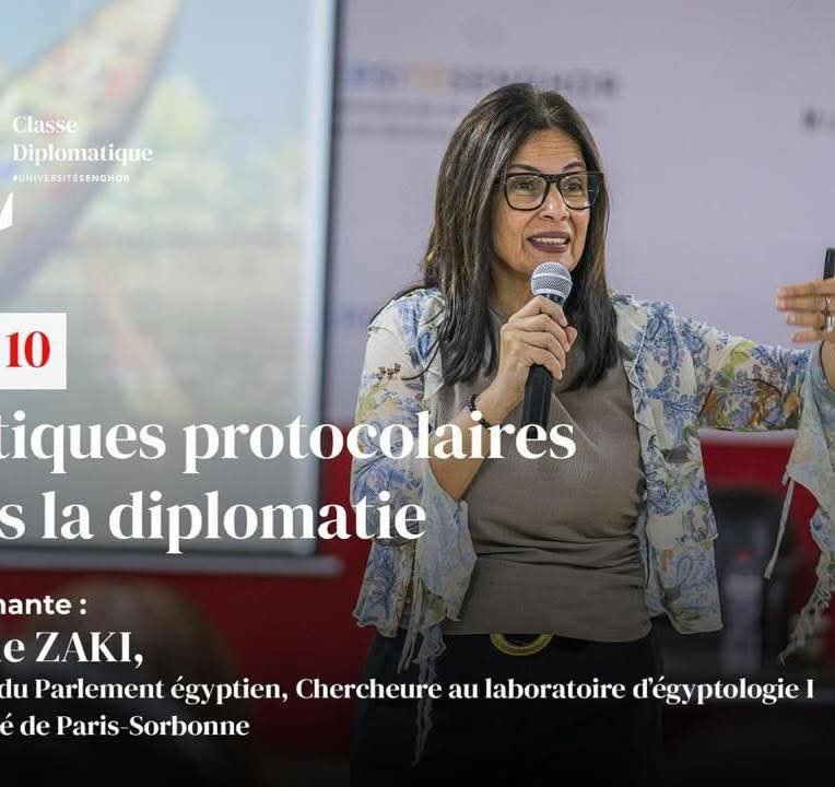 جيهان زكي تشارك في افتتاح المقر الجديد لجامعة سنجور بحضور السيسي وماكرون في برج العرب