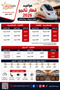 مواعيد قطار تالجو 2026.. تعرف على جدول الرحلات بين القاهرة والإسكندرية وأسوان