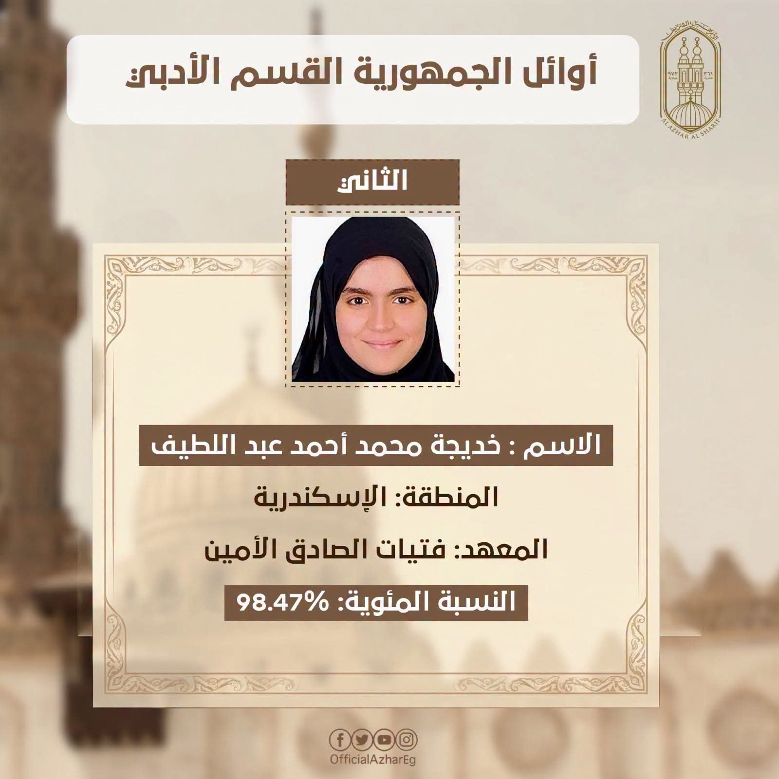 الطلاب الحاصلون على المراكز الثلاثة الأولى بالقسم الأدبي بالشهادة الثانوية الأزهرية.. أسماء الأوائل ونسب النجاح والتفوق 3 الطلاب الحاصلون على المراكز الثلاثة الأولى بالقسم الأدبي بالشهادة الثانوية الأزهرية.. أسماء الأوائل ونسب النجاح والتفوق