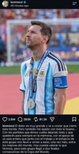 رسالة ميسي بعد نهائي كأس العالم 2026.. قائد الأرجنتين يتحدث عن الألم ويشكر الجماهير ويهنئ إسبانيا 2 رسالة ميسي بعد نهائي كأس العالم 2026.. قائد الأرجنتين يتحدث عن الألم ويشكر الجماهير ويهنئ إسبانيا